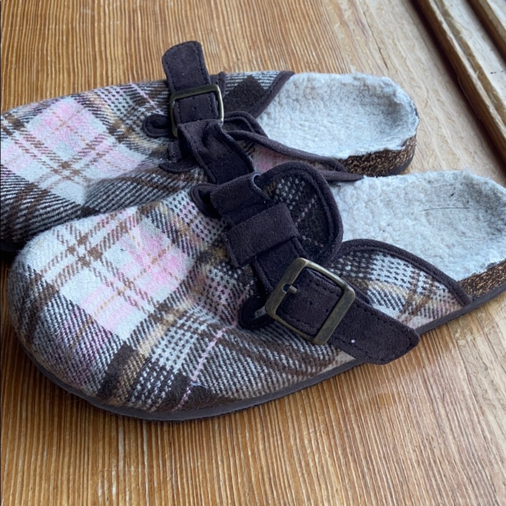Plaid cream, pink & brown slip on shoes